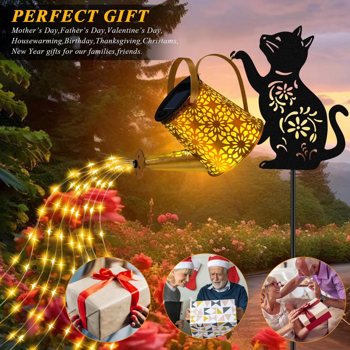 Solar Lights Outdoor Decorative, Watering Can with Cascading Lights, with Cat Silhouette Garden Stakes, Gifts for Mom Women, Waterproof Metal Garden Decor for Yard Art, Outside, Patio, Lawn Ornaments