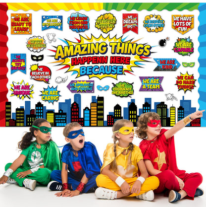 Hero Themed Bulletin Board Set Amazing Things Happen Here Classroom Decoration Motivational Positive Affirmation Super Themed Paper Cutouts for Tropical School Chalkboard Wall Decor Supplies