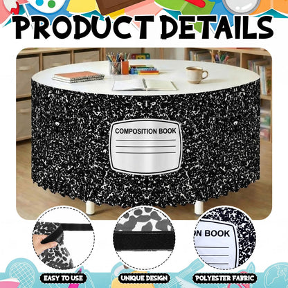 Windkream 14 ft Composition Book Table Skirt for Teacher Desk Rectangular Tablecloth Skirt Polyester Classroom Tableskirt for Teacher Preschool Decorations Back to School Party Supplies