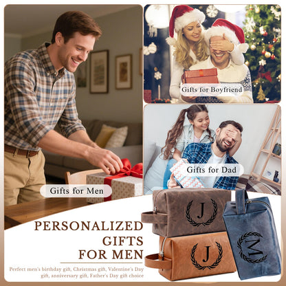 XUMGCUTM Personalized Leather Toiletry Travel Bag for Men Custom Christmas Birthday Gifts for Men Groomsmen Dad Husband Boyfriend Engraved Initial Waterproof Shaving Bags(B, Light Brown)