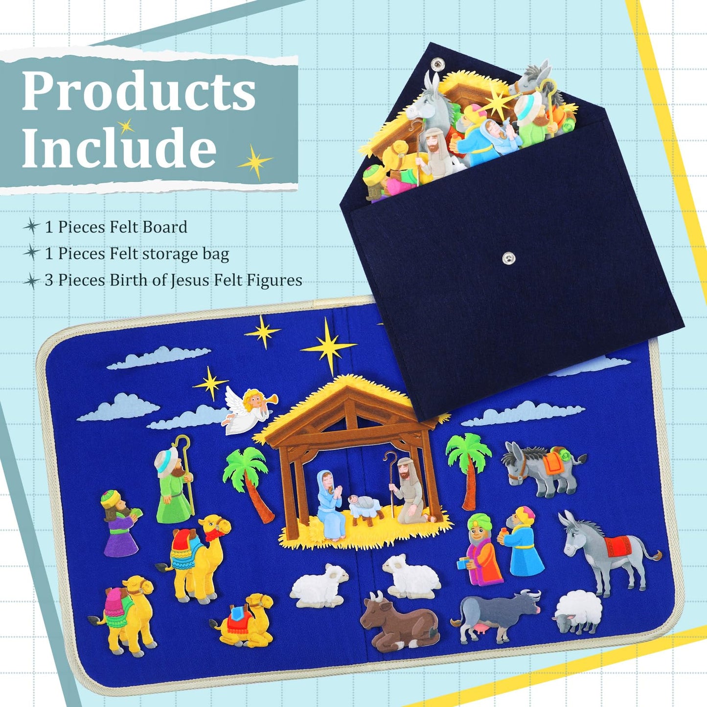 Yilloog Nativity Bible Felt Board Jesus Birth Felt Story Board Set Stories for Preschool, 32 Pcs Birth of Jesus Figures Nativity Stories Kit for Toddler Classroom Storytelling Activity(Classic Style)