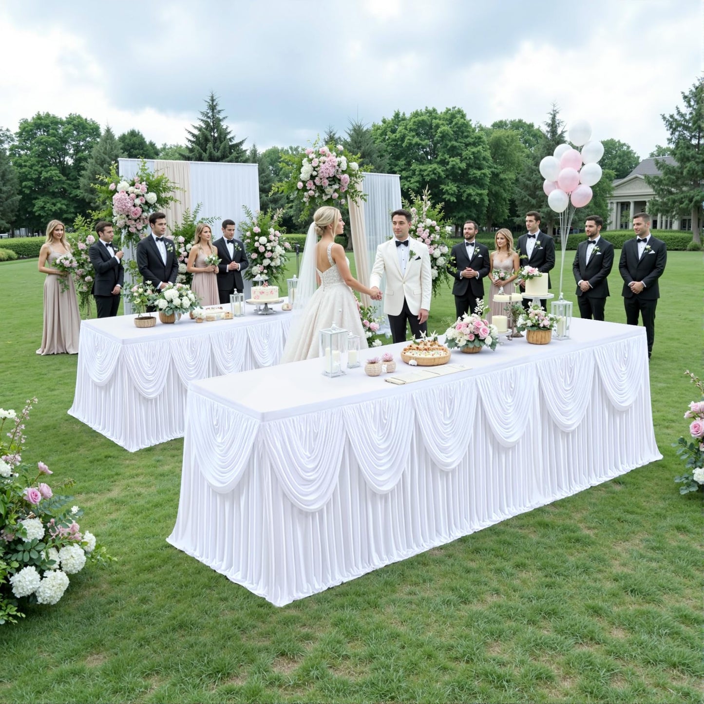 gogoparti White Tutu Table Skirts for Rectangle Tables 6ft Draped Pleated Table Skirt Polyester Tablecloth for Birthday Party Banquet Wedding Baby Shower