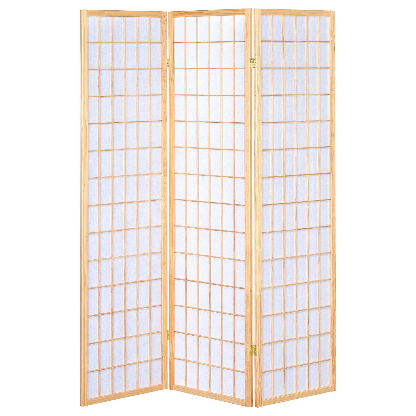 Coaster Home Furnishings - Carrie - Solid Wood - 3-Panel Folding Shoji Screen Room Divider with Linear Grid Design, Metal Hinges and Freestanding Piece - Living Room - Natural Brown - 4621