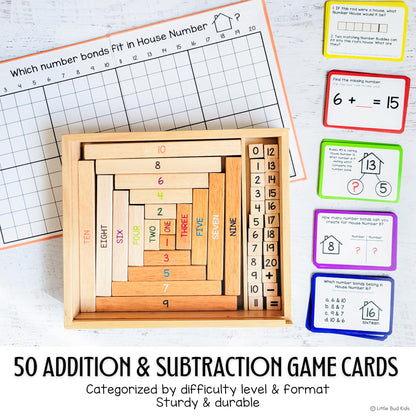 LITTLE BUD KIDS House of Number Buddies Math Game, a Number Bonds Math Toy with Counting Rods and Addition & Subtraction Flash Cards, a Montessori Material for Kids 4-8 Years Old