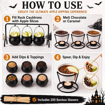 SiliFine 15pcs Halloween Party Decorations DIY Caramel Apple Dipping Bar Set 3 Witches Cauldron Serving Bowls on Rack, Ceramic Cups, Black Cauldrons, Bamboo Picks Witchy Table Decor for Holiday