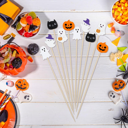Chengu 200 Pcs Halloween Cocktail Picks for Appetizers, 4.7 Inch Bamboo Toothpicks Pumpkin Cat Ghost Halloween Party Decorations for Food, Cocktail, Desserts, Fruit, Cake, Salad