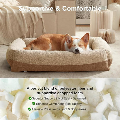 FURTIME Washable Dog Bed Medium Large Size Dogs, Rectangle Comfy Fluffy Pet Bed, Removable Zipper Cover Machine Wash, Soft Orthopedic Bed Durable Pet Cuddler with Anti-Slip Bottom,30"x24"x8",Beige