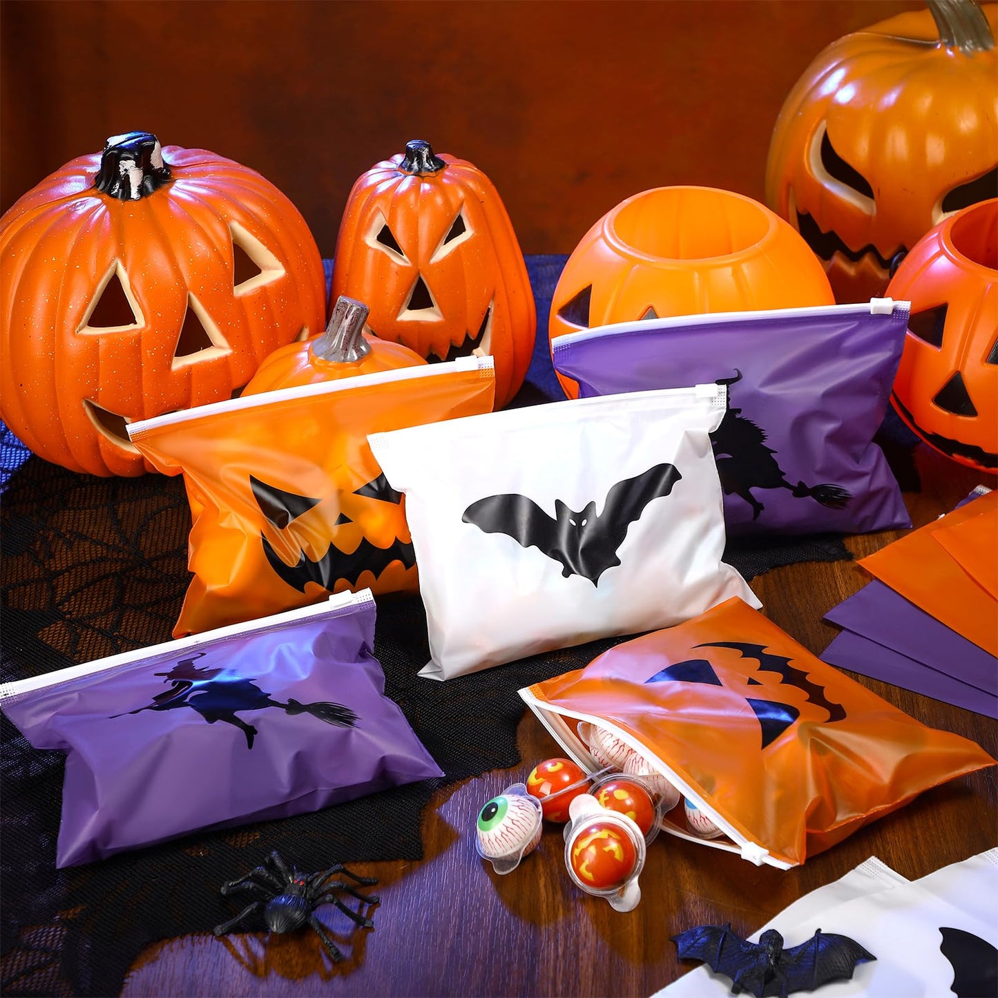 Mimorou 150 Pcs Halloween Treat Bags Bulk EVA Witch Bat Pumpkin Goodie Bag Travel Purse Pouch Toiletry Organizer with Zipper for Women Snacks Candy Gift Bags for Halloween Party Favors (3 Styles)