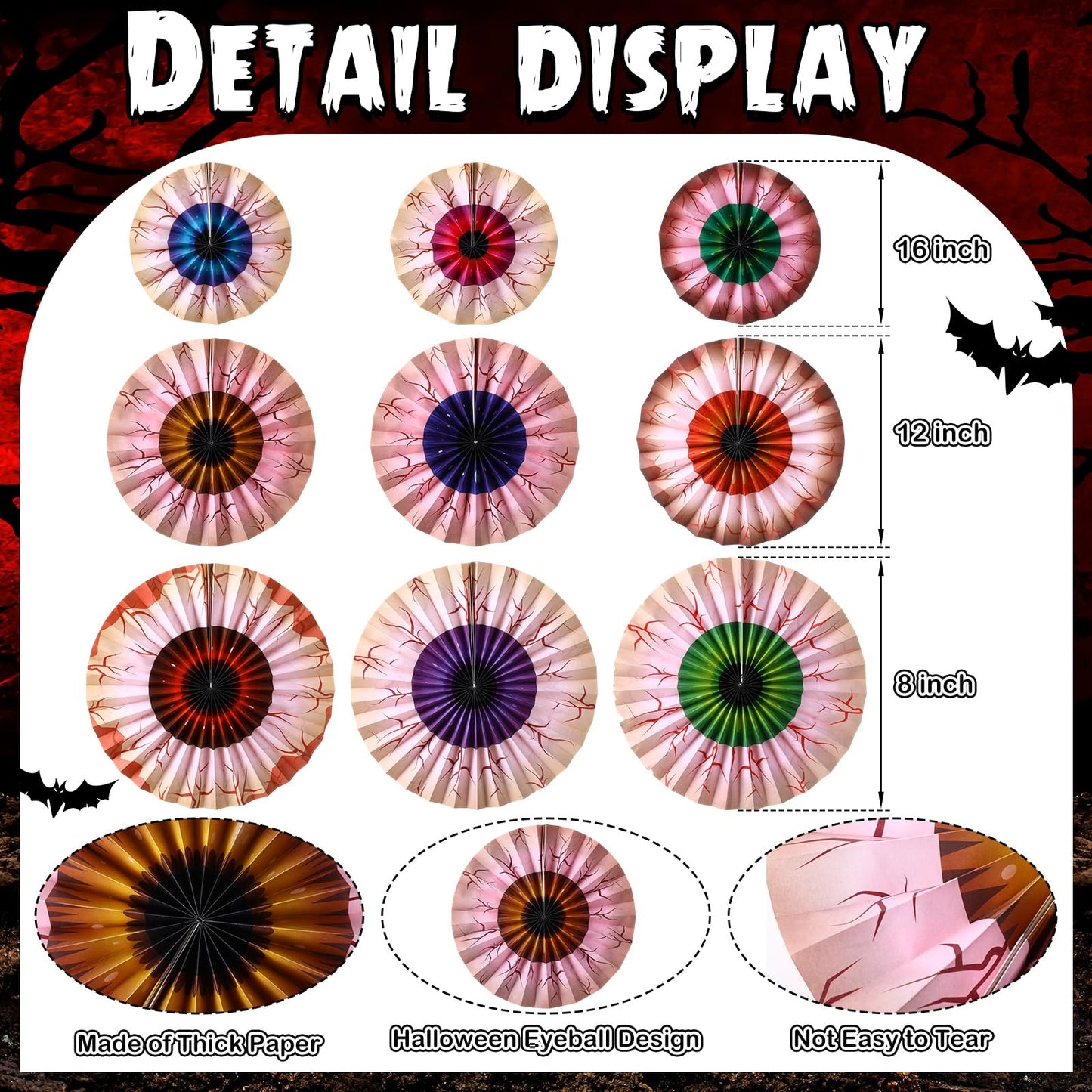 Dispowreath 9 Pcs Halloween Fans Decorations Eyeball Hanging Paper Fans Set Scary Eyeballs Wall Decoration for Halloween Party Haunted House Home Classroom Birthday Spooky Decorations Supplies