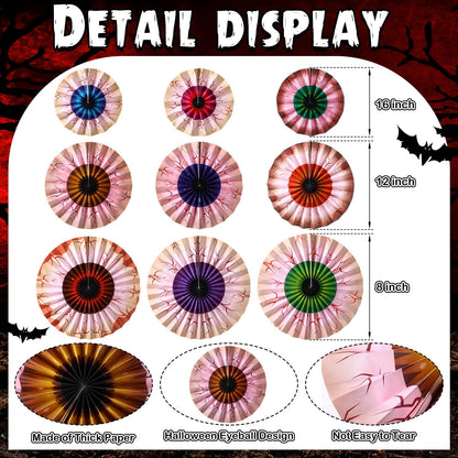 Dispowreath 9 Pcs Halloween Fans Decorations Eyeball Hanging Paper Fans Set Scary Eyeballs Wall Decoration for Halloween Party Haunted House Home Classroom Birthday Spooky Decorations Supplies
