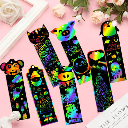 TCVENTS 100 Sets Scratch Art Bookmark Making Kit, DIY Animal Bulk Bookmarks with 100PCS Ribbons and 100PCS Wood Stylus for Kids 4-14 Years Old Students Classroom Prizes Gifts & Party Favors, 13 Styles