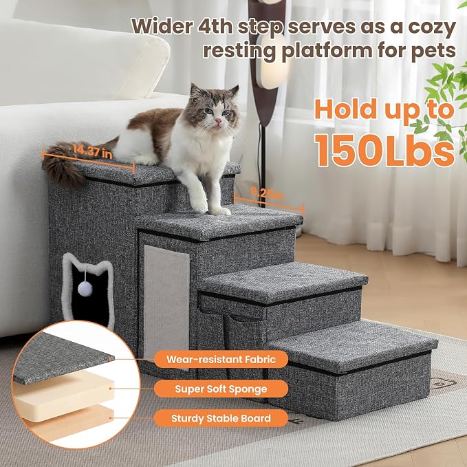Pet Steps for Small Dogs, 4-Step Non-Slip Pet Stairs for Cats, Dog Stairs with Storage,Cat Stairs for Bed with Condo Cat Scratcher, Arthritis-Friendly, Grey