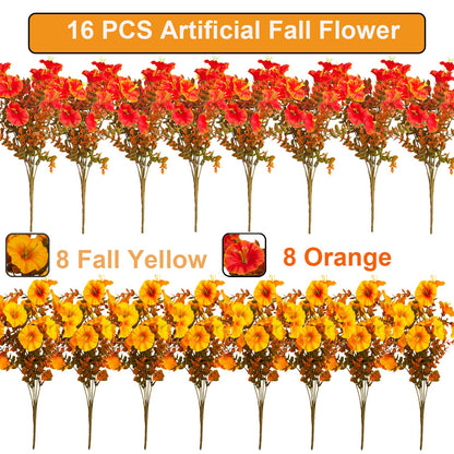Grunyia 16 PCS Outdoor Fall Artificial Flower - Autumn Thanksgiving Halloween Porch Decor, Faux UV-Resistant Plants for Front Door, Wall, Fence, Fireplace Mantel Decorations
