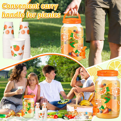 Umigy Tree Clear Plastic Drink Dispenser with 20 Pcs 12 oz Tropical Paper Cups 1 Gallon Kitchen Fridge Beverage Dispenser Plastic Water Dispenser with Spigot for Juice Tea Beer(Orange)