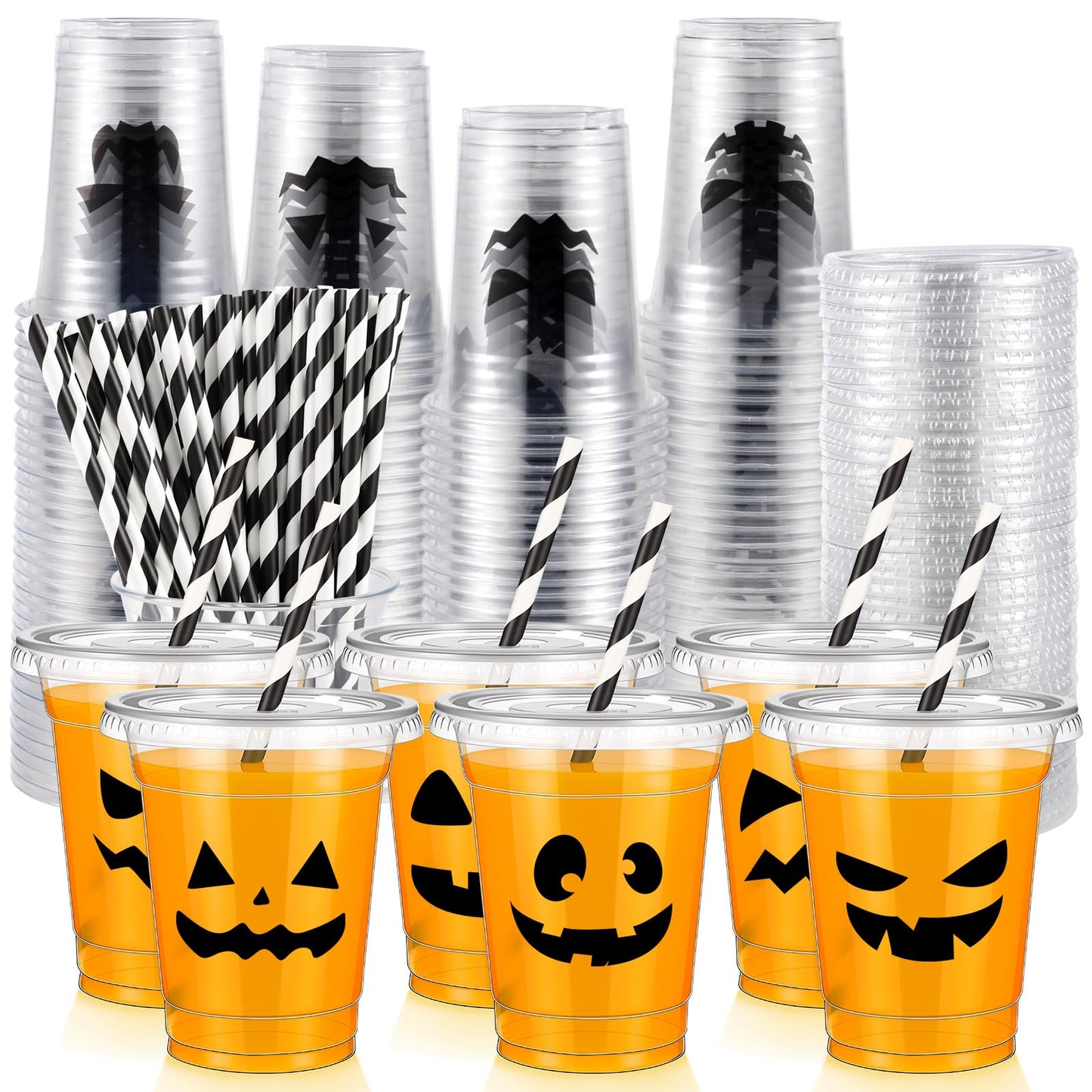 Bokon 60 Pcs Halloween Plastic Cups with 60 Lids and 75 Pcs Straws 12oz Disposable Clear Ghost Face Cups Bulk 12 Styles for Beverage Drink Snacks Wine Halloween Trick or Treat Supplies