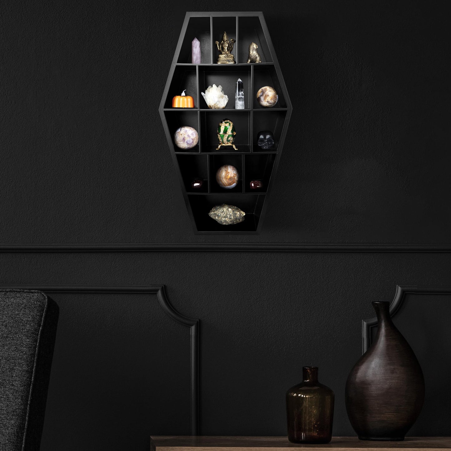 Gothic Curiosities Curio Coffin Shelf - Wooden Goth Decor for Display or Storage of Shot Glasses, Mini Figures, Rocks, and More - 17 by 9.75 by 2.75 Inches