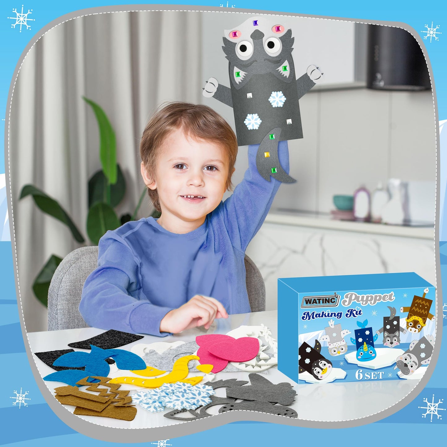 WATINC 6Pcs Hand Puppet Making Kit, Art Craft Felt Sock Puppet Toys, Creative DIY Make Your Own Pompoms Wiggle Googly Eyes Storytelling Role Play Party Supplies Gift for Girls Boys (Polar Animals B)