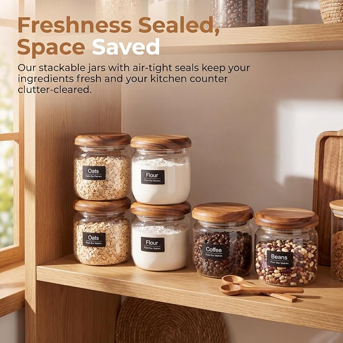 2-Pack 10 fl oz Wide Mouth Mason Jars with Spoon & Labels, Acacia Wood Lids & Press Seal, No Plastic, for Pantry, Coffee, Yogurt, Candy, Spice Storage.