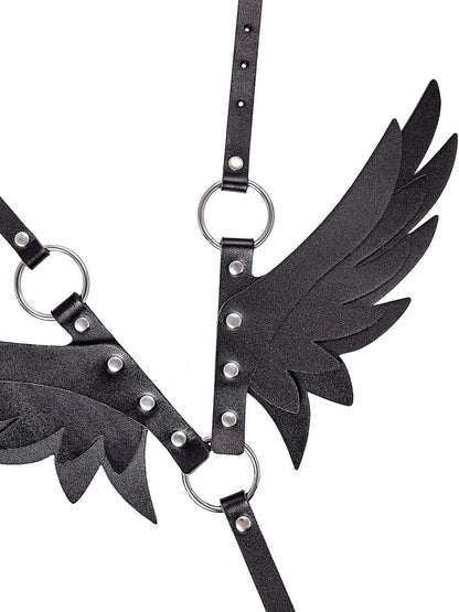 Women Adjustable Faux Leather Fashion Harness with Wing Detail, Punk Gothic Back Harness Accessory for Dresses Tops(Waist 26.4-39.4in) Black