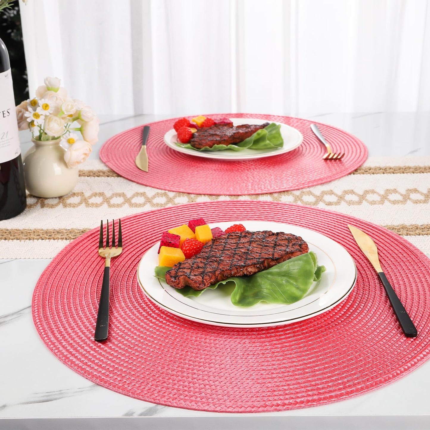 15 Inch Round Woven Placemats Set of 6, Natural Heat Resistant Washable Non-Slip Table Mats in Pink