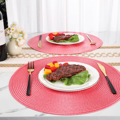 15 Inch Round Woven Placemats Set of 6, Natural Heat Resistant Washable Non-Slip Table Mats in Pink