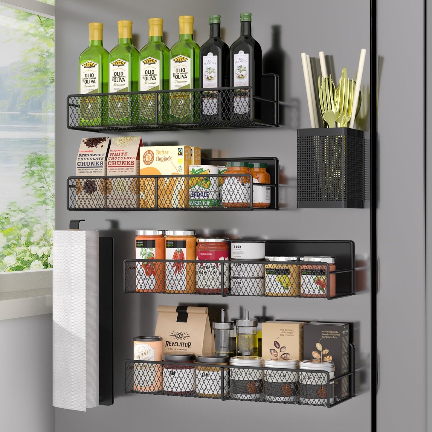 Magnetic Spice Rack for Refrigerator, 6 Pack 100% Metal Strong Magnet Shelf, Space Saving Spice Organizer, Home Kitchen Laundry Room Storage Organization W/ Paper Towel Holder, Utensils Racks (Grey)