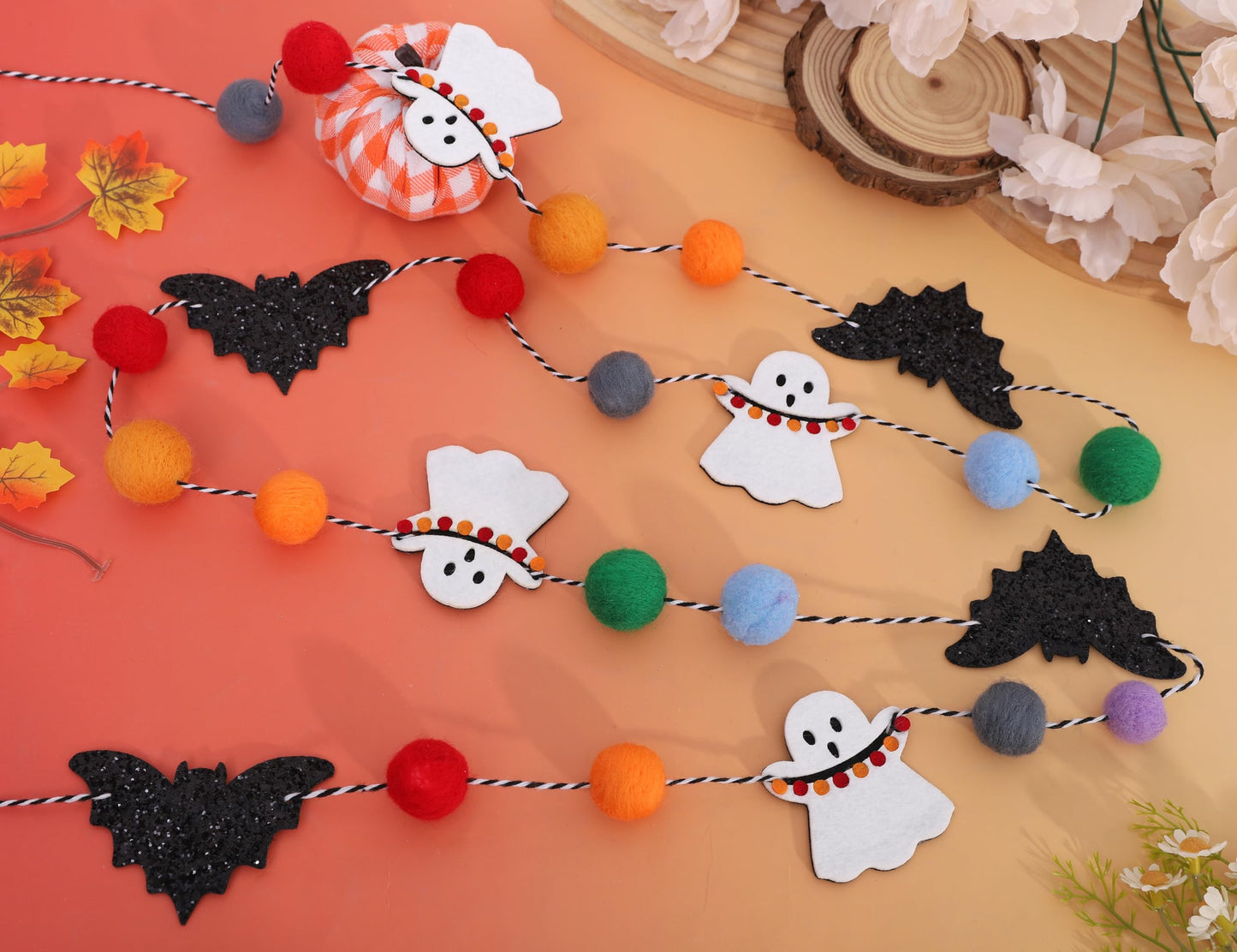 Felt Bat Ghost Garland - Spooky Halloween Party Decorations,Spooky Banner with Colorful Felt Balls,Halloween Wall Mantel Hanging Garland,Black Bat White Ghost Photo Backdrop