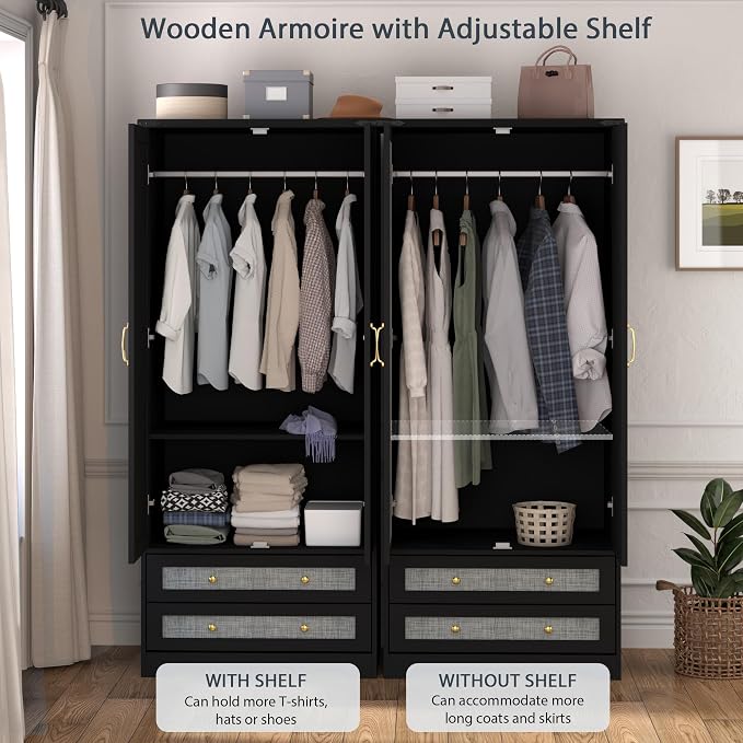 Brafab Armoire Wardrobe Closet with 2 Rattan Doors, 71" Black Farmhouse Tall Freestanding Coat Closet Wardrobe with Drawers and Hanging Rail, Wooden Armoire Storage Cabinet with Shelf for Bedroom