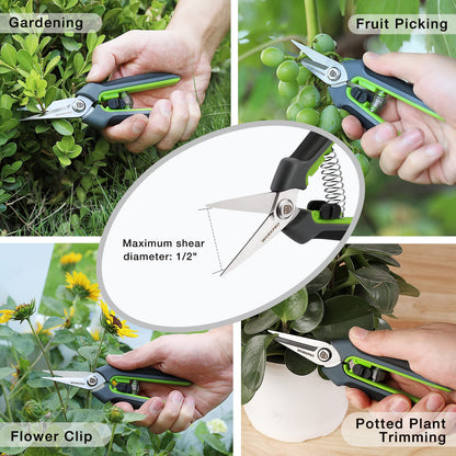 WORKPRO 2 Pack Garden Pruning Shears with Sheath, 6.5” Small Hand Pruners/Snips/Clippers- Spring Loaded & Precision Straight Blades, Microgreen Trimming Scissors for Flowers, Weeds, Indoors Bonsai
