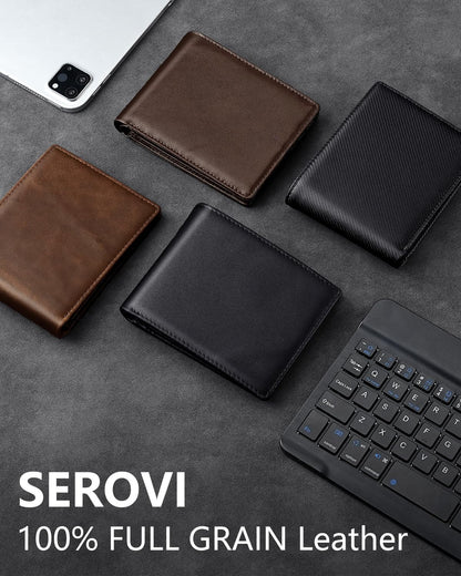 Serovi Mens Genuine Leather Bifold RFID Blocking Wallet with 14 Card Slots, ID Window & 2 Cash Pocket - Includes Gift Box