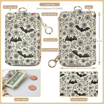 bolimoss Bat Lanyard Wallet Badge Holder PU Leather RFID Keychain Wallet with Breakaway Neck Wristlet Lanyard Zipper Pocket, Slim Credit Card Holder with Key Ring Phone Holder for Teacher Nurse Women