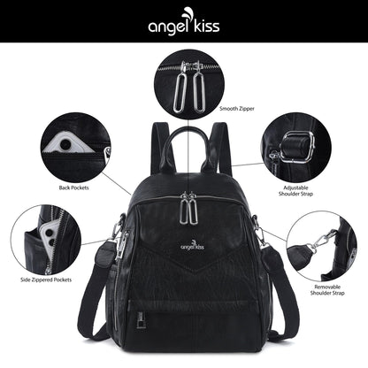 Angel Kiss Small Backpack Purse for Women,Soft Vegan Leather Roomy Backpacks,Designer Ladies Shoulder Backpack Fashion Handbag with Removable Strap,Black