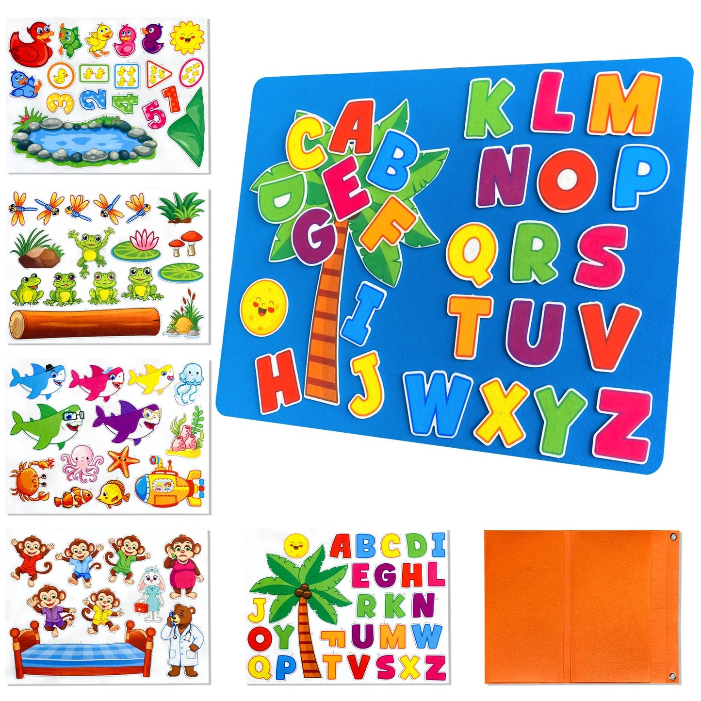 5 Set Felt Board Stories Pieces for Toddlers，1 Flannel Board With 5 Little Ducks,5 Little Monkeys Jumping on The Bed,5 Green Speckled Frogs,Baby Shark,26 letters for Preschool Learning Activities