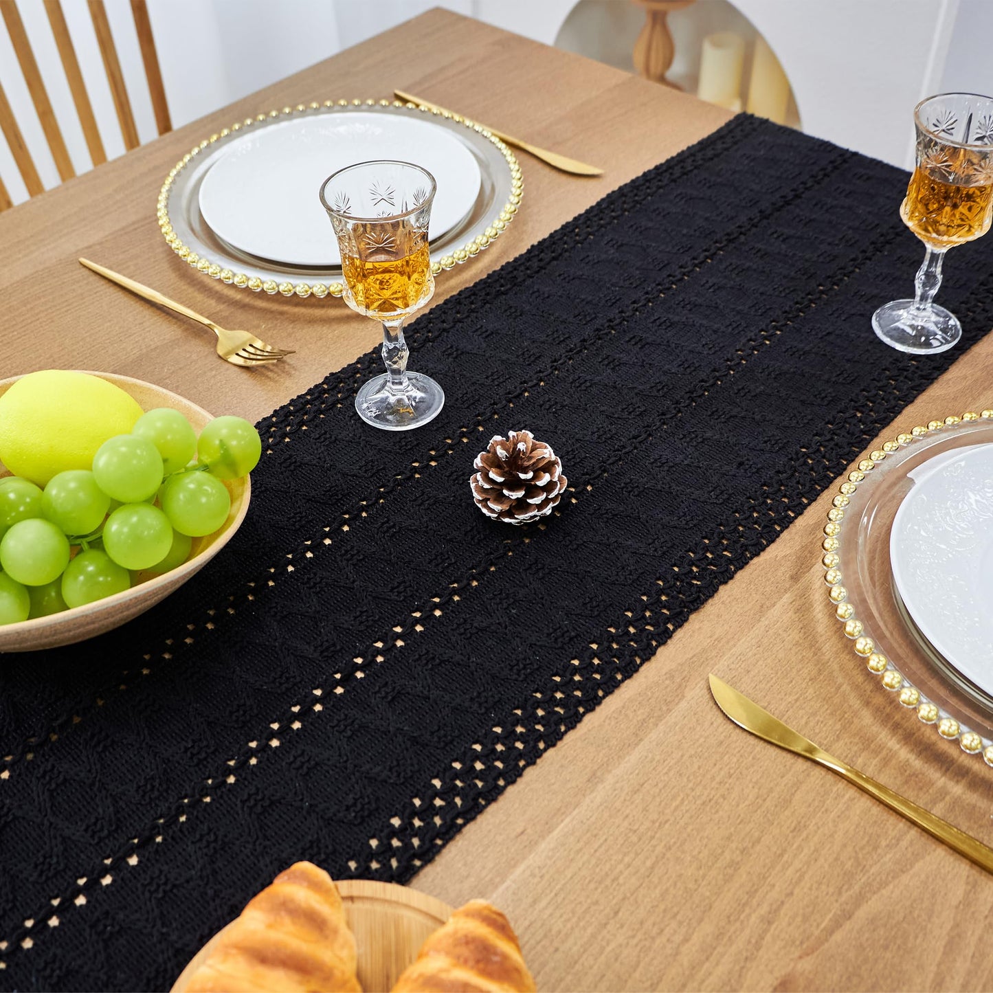 FEXIA Black Table Runner for Summer Home Decor with Tassels 90 Inches Long Farmhouse Rustic Black Halloween Table Runner Macrame Gothic Burlap Table Decoration for Living Room (12x90 Inches)