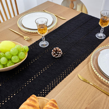 FEXIA Black Table Runner for Summer Home Decor with Tassels 90 Inches Long Farmhouse Rustic Black Halloween Table Runner Macrame Gothic Burlap Table Decoration for Living Room (12x90 Inches)