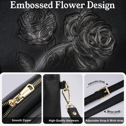 VIMUTI Vegan Leather Wristlet Wallet Purse for Women Small Clutch Purse with 2 Straps,Embossed Crossbody Cell Phone bag (Black)