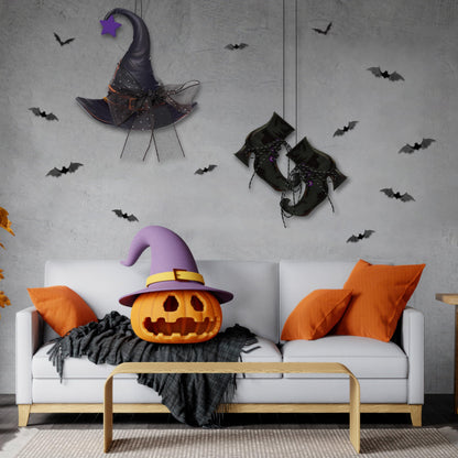 Halloween Witch Hanging Door Decor - Hocus Pocus Hat Shoes Sign Wreath Wooden Decorations with Bats for Wall Outdoor