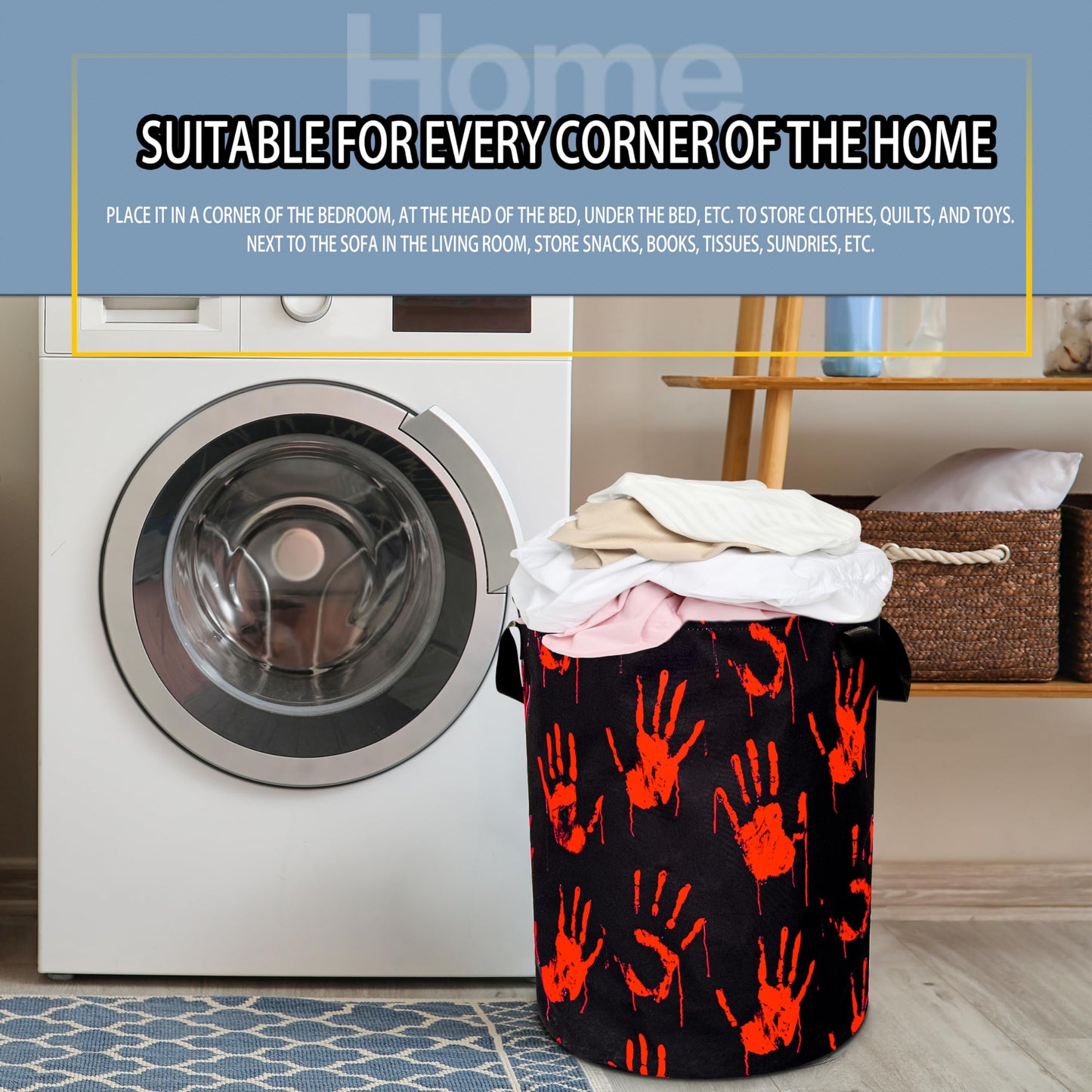 Blood Spatter Hand Print Laundry Basket Blood Drop Pattern Foldable Oxford Cloth Funny Tote Bag Laundry Hamper Clothes Storage Bucket Organizer For Bathroom/Laundry/Bedroom 18.9x16.5in
