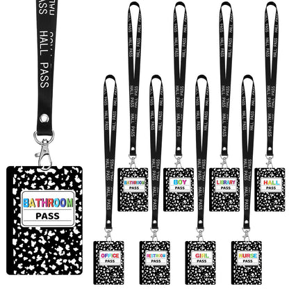 Fuyoooo 16 Set Composition Notebook Hall Pass Lanyards Unbreakable PVC Classroom Passes with Lanyards Bathroom Boy Girl Library Hall Office Nurse Pass for Elementary School Supplies
