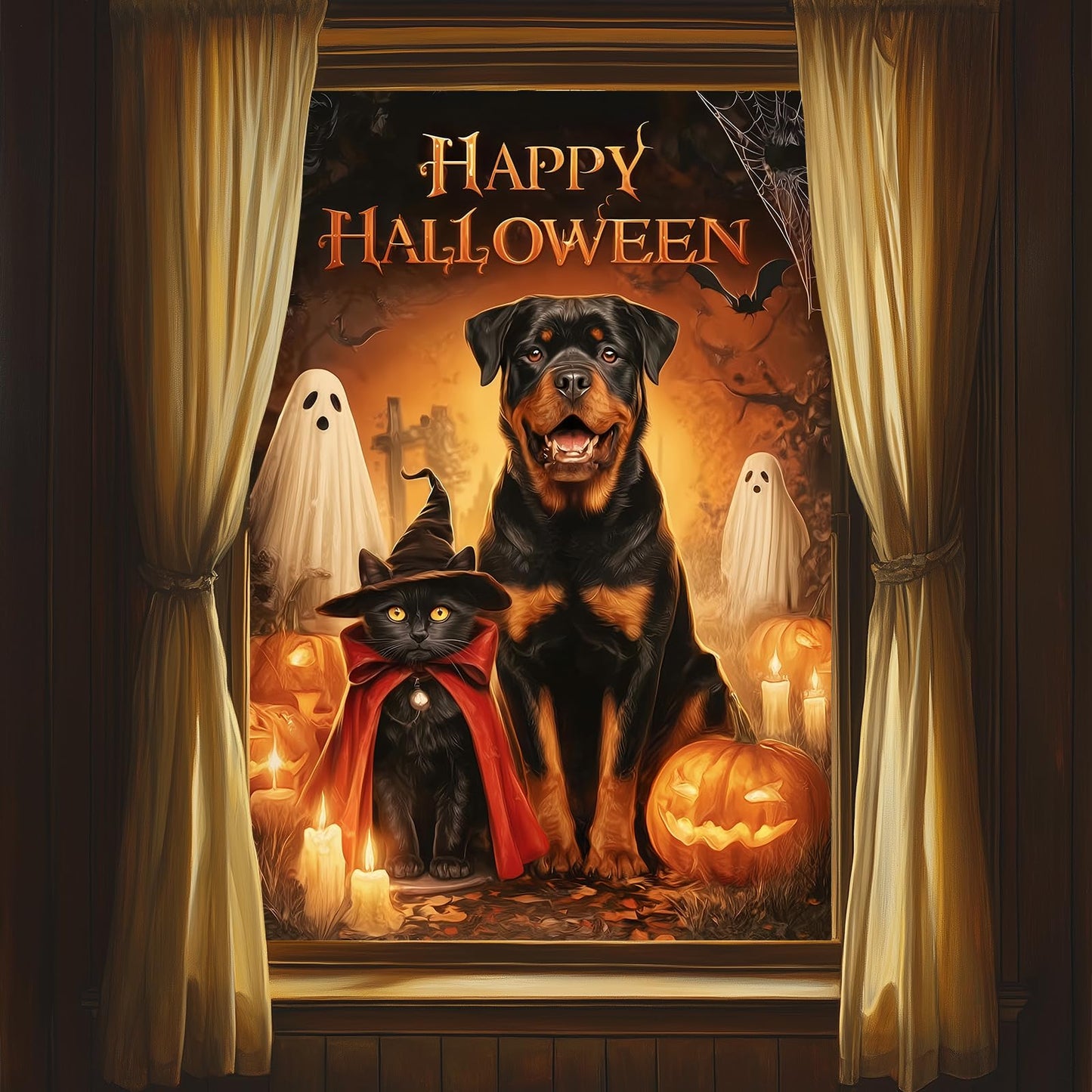 HOMETITUTE Halloween Window Film 24x36 Inch PVC Rottweiler Window Decal and Black Cat Window Sticker with Pumpkin Ghost Bat Design for Glass Halloween Glass Decoration Home