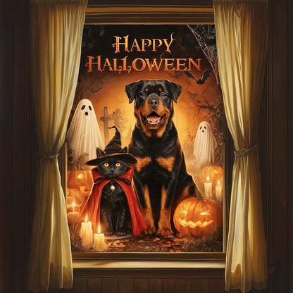 HOMETITUTE Halloween Window Film 24x36 Inch PVC Rottweiler Window Decal and Black Cat Window Sticker with Pumpkin Ghost Bat Design for Glass Halloween Glass Decoration Home