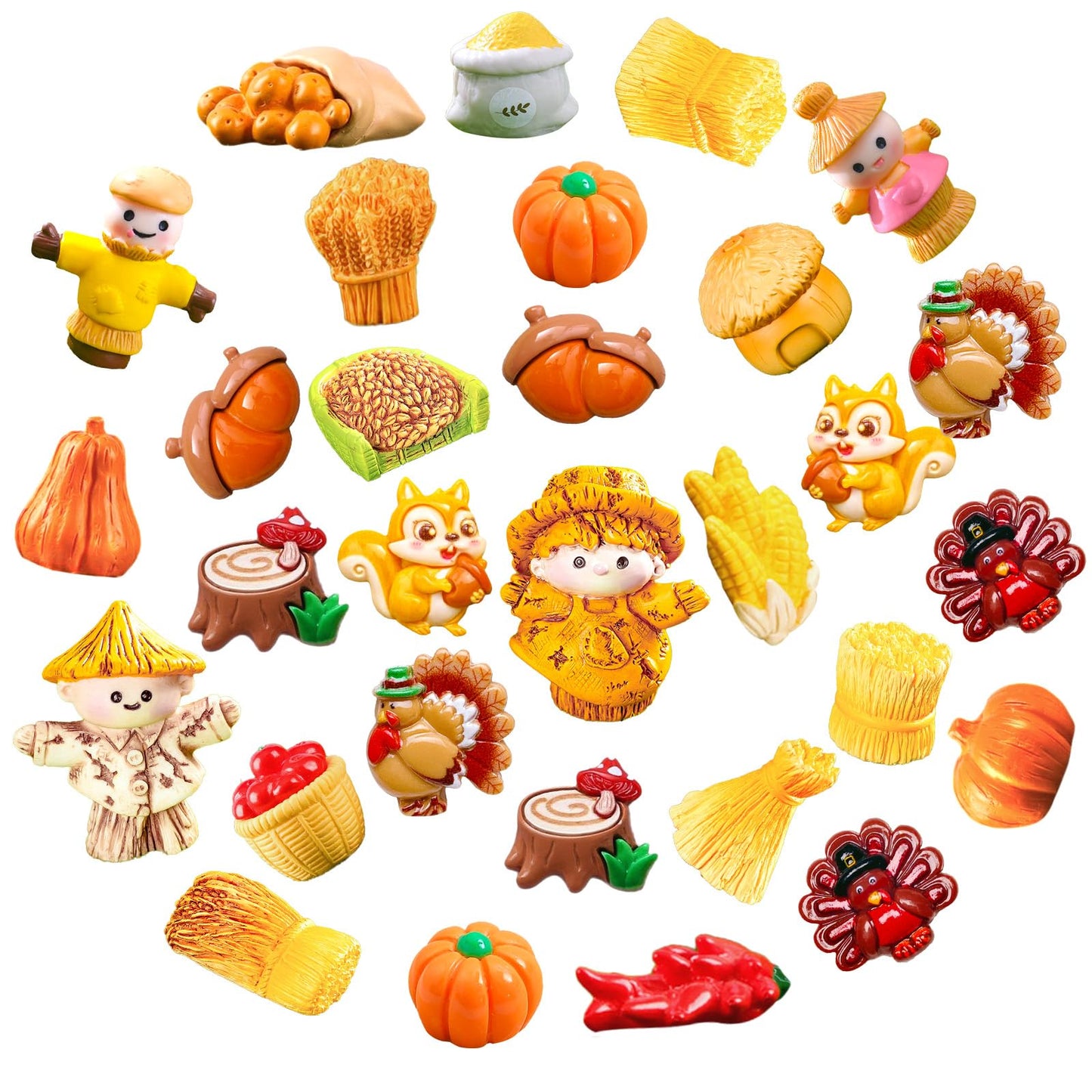 Bbiamsleep 30 Pcs Thanksgiving Mini Figurines Miniature Resin Fall Autumn Pumpkins Scarecrow Turkey for Autumn Home Table Tray Harvest Thanksgiving Decorations