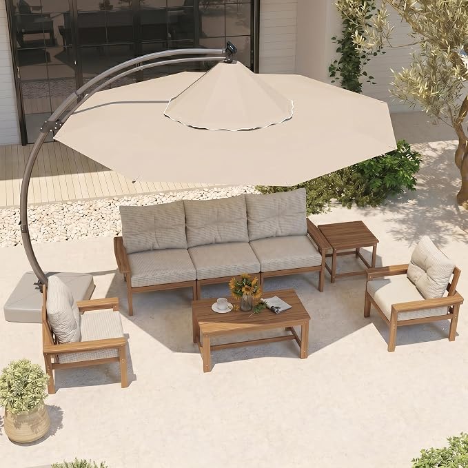 3 Piece HDPE Outdoor Patio Furniture Set, All-Weather 2 Armchairs with Side Table, Patio Conversation Set with Beige Washable Thick Cushion for Balcony/Porch/Backyard (Teak Frame)