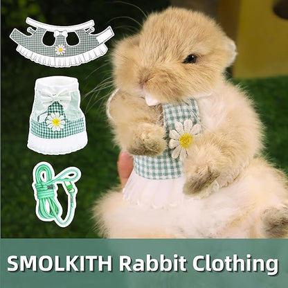 SMOLKITH Rabbit Clothes - Bunny Adjustable Checkered Dress with Leash, Small Animal Apparel for Walking - Fits Guinea Pigs, Chinchillas, Meerkats, Prairie Dogs, Pet Rats (Green Mini Gingham Dress)