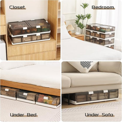 Under Bed Storage Containers with Wheels - Stackable, Foldable Plastic Storage Boxes with Lids for Clothes, Shoes, Blankets - Perfect for Bedroom Organization and Dorms (2 Pack-25.2''x16.5''x7.1'')