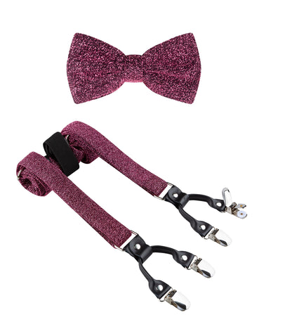 TIE G Men's Glitter Velvet Suspender + Bow Tie Set for Wedding, Party : Glittering Effects, Adjustable Braces, Strong 6 Clips (Twinkle Rose Pink)