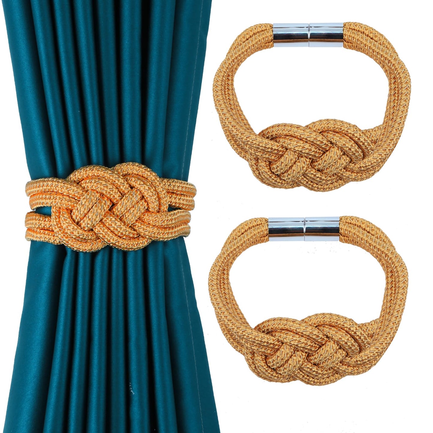 HedongHexi 2 Pack Magnetic Curtain Tiebacks, Hand Weave Rope Knot Decorative Curtain Holdbacks for Home & Office Thin Window Drapery (Golden,2P)