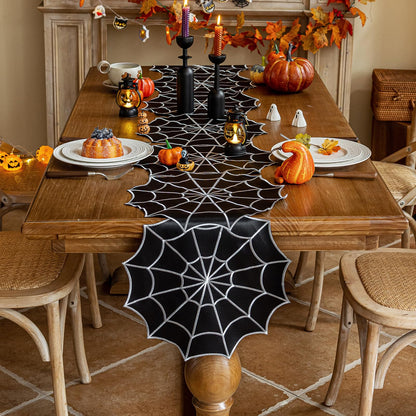 Joyfol Day Halloween Table Runner 14 x 36 Inch, Embroidered Spider Web Table Runners, Black Fireplace Mantel Scarf, Halloween Table Decorations for Parties Gothic Scary Nights