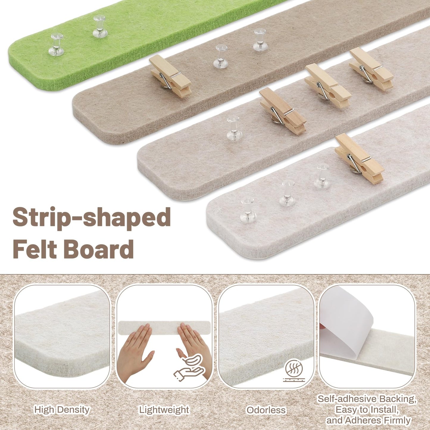 Thboxes 8 Pack Felt Bulletin Board Strips, 13x2 Inch Self Adhesive Felt Pin Boards with 50 Pushpins and 10 Wooden Clips Push Pins, Cork Board for Walls Home Office Decor(Natural Earth Tones)
