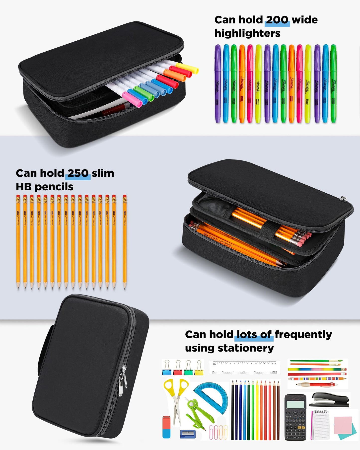 Zannaki Upgraded Large Capacity Pencil Case Pouch Marker Pen Stationery Bag Art Storage Box for Bullet Journal Student Teen Girl Boy Women Adult Middle High School Supplies College Essentials, Black